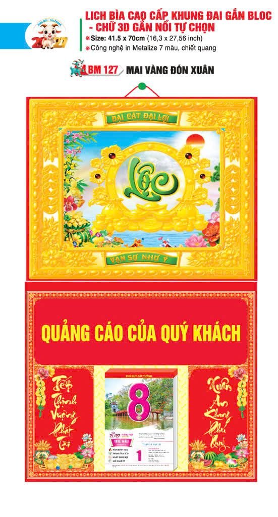 Bìa Lịch Treo Khung Đại Gắn Bloc BM 2027 BM127 - Mai Vàng Đón Xuân - Quà Tặng Miền Nam